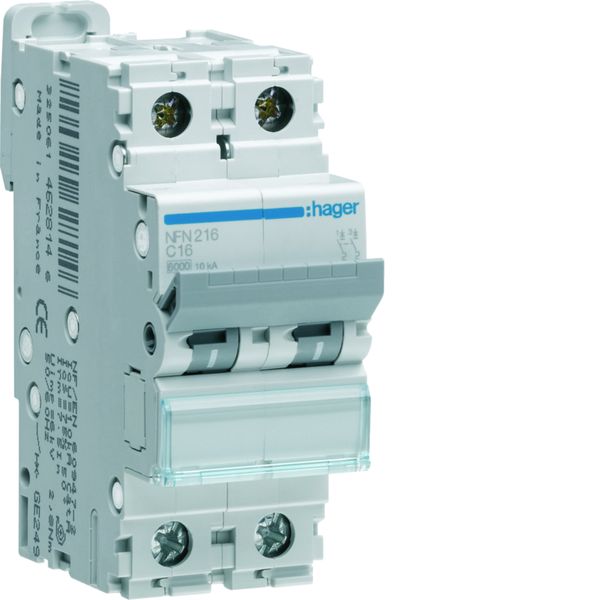 Disjoncteur 16A 2P 6-10kA Courbe C 2modules NFN216