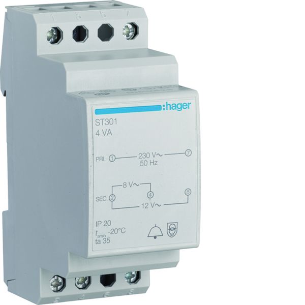 Transformateur de sonnerie 4VA 230VAC - 8 - 12VAC 2 modules ST301
