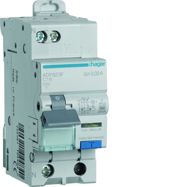 Disjoncteur différentiel 16A 1P+N 4,5kA Courbe C 30mA type F 60 Hz 2 modules ADF823F