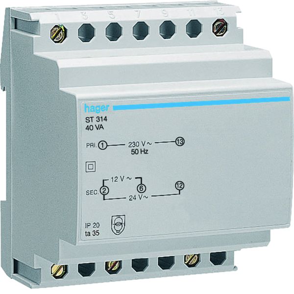 Transformateur de sécurité 40VA 230VAC - 12 - 24VAC 4 modules ST314