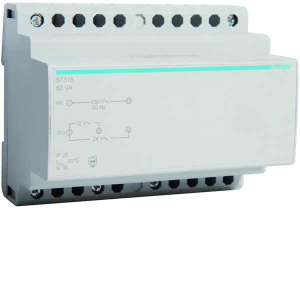 Transformateur de sécurité 63VA 230VAC - 12 - 24VAC 6 modules ST315