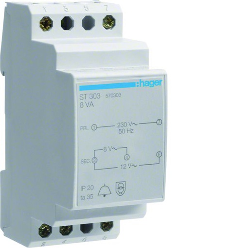 [HAG-ST303] Transformateur de sonnerie 8VA 230VAC - 8 - 12VAC 2 modules ST303