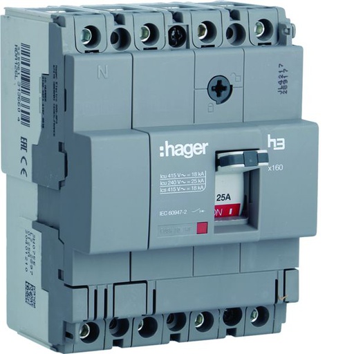 [HAG-HDA126L] Disjoncteur Boitier Moulé h3 x160 TM F/F 4P4D In125A Icu18kA à cage HDA126L