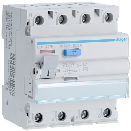 [HAG-CDC447F] Interrupteur différentiel 40A 300mA 3P+N type AC 60Hz à bornes alignées CDC447F