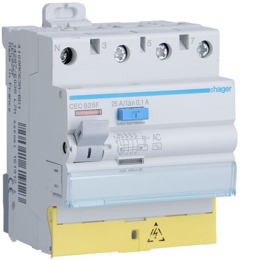 [HAG-CEC825F] Interrupteur différentiel 25A 100mA 3P+N type AC à bornes décalées CEC825F
