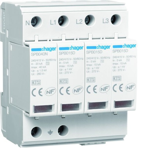 [HAG-SPB415R] Parafoudre de type 2 Imax 15kA 4P 4modules avec auxiliaire de contact SPB415R