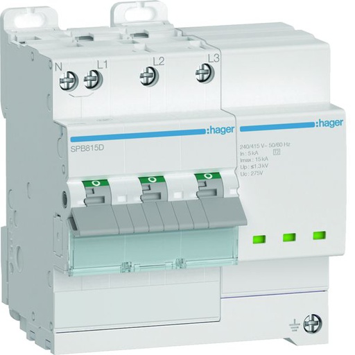 [HAG-SPB815D] Parafoudre de type 2 avec disjoncteur associé Imax 15kA 3P+N 5modules SPB815D