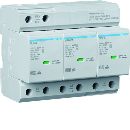[HAG-SPA800] Parafoudre de type 1+2 Iimp 12,5kA 3P 6modules avec auxiliaire de contact SPA800