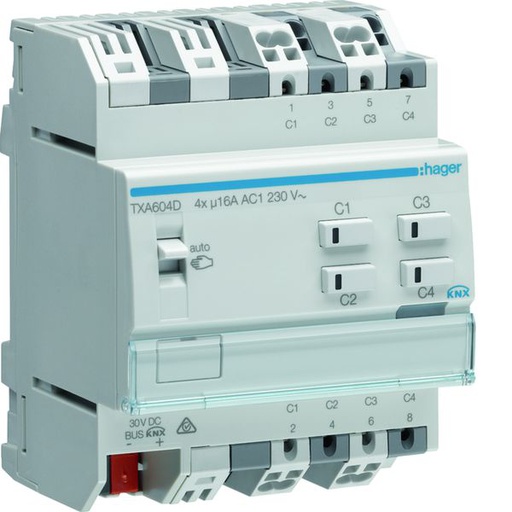 [HAG-TXA604D] Actionneur KNX 4 sorties 16A/230V charge capacitive configuration Mode Easy/ETS TXA604D