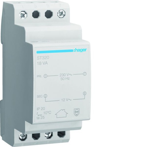 [HAG-ST320] Transformateur de sécurité 18VA 230VAC - 12 - 12VAC 2 modules ST320