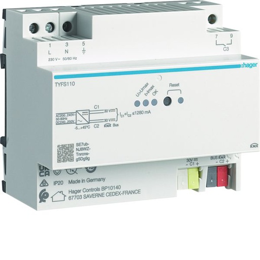 [HAG-TYFS110] Alimentation modulaire 1x30 VDC KNX protégée + 1x30 VDC puissance totale 1280 mA TYFS110