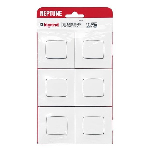 [LEG200250] Lot De 6 Interrupteurs Ou Va-Et-Vient Neptune Blanc legrand 200250