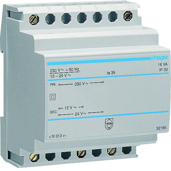 Transformateur de sécurité 16VA 230VAC - 12 - 24VAC 4 modules ST313