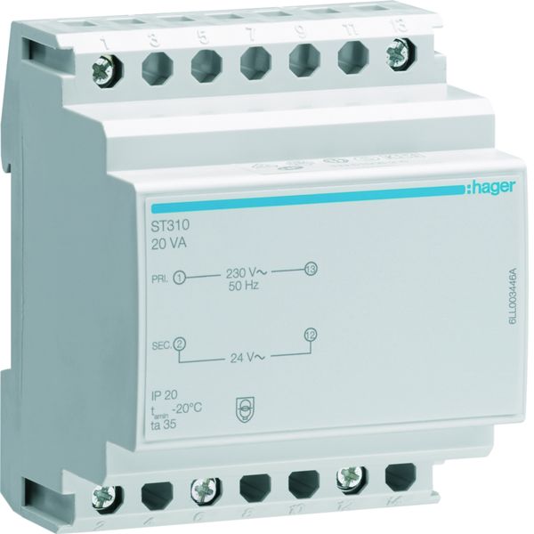 Transformateur de sécurité 20VA 230VAC - 24 - 24VAC 4 modules ST310