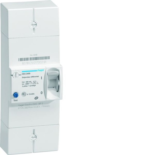 [HAG-HDA245S] Disjoncteur de branchement différentiel 2 pôles 15/45 A 500 mA sélectif HDA245S